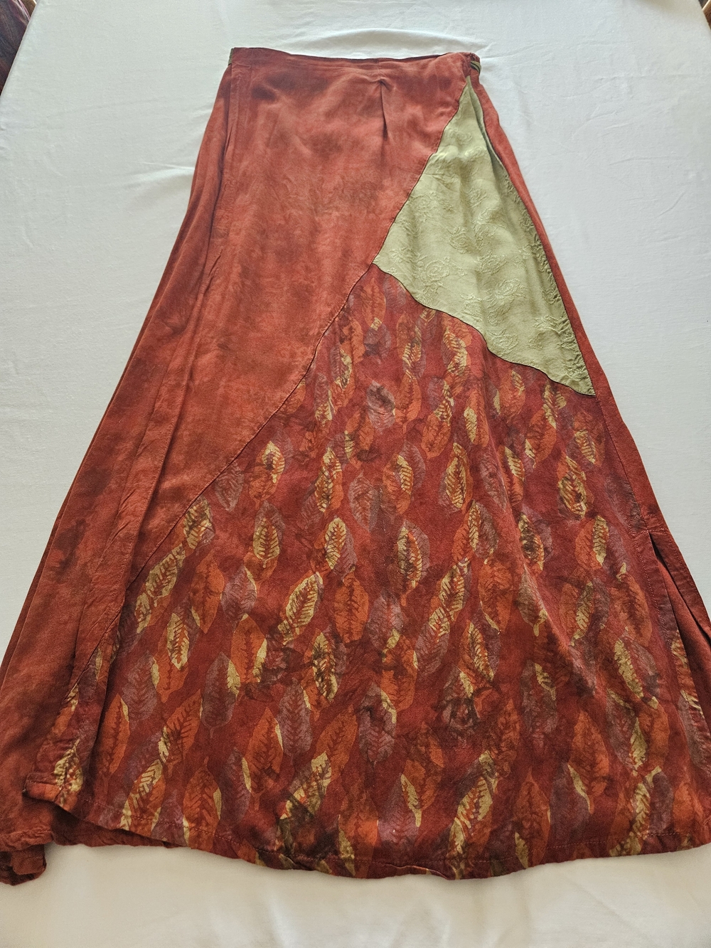 💮Boho Hippie Island Tribe Vintage Batik Rust Patchwork Wrap Around Skirt Sz Lg